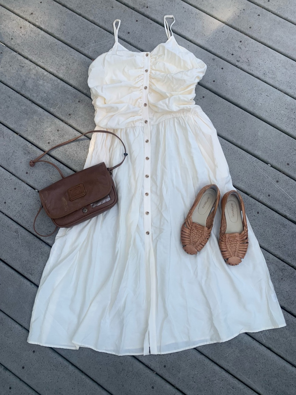 Future Collective Cream Button Up Spaghetti Strap Midi Dress w Ruched Detailing - Picture 3 of 5